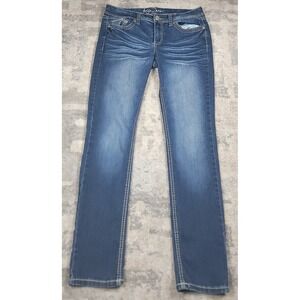 Ariya Jeans Women's Embroidered Whiskered Stretch Blue Denim Jeans Sz 32x30.5